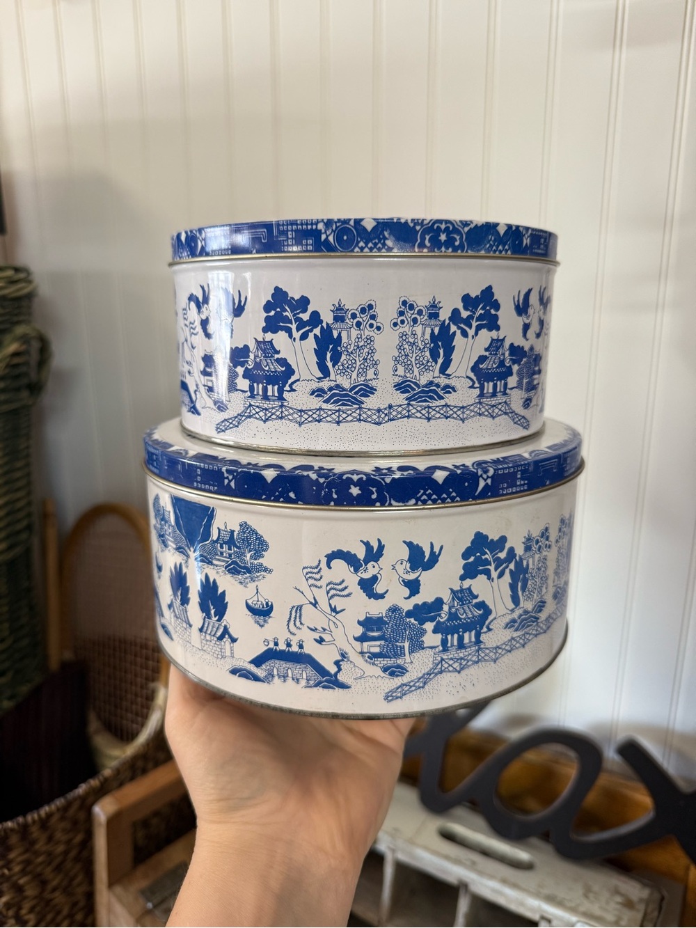Vtg Blue and White Decorative Ceramic Cookie Tins - Set of 2